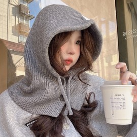 Knit Balaclava Hooded Hat Neck Warmer Earmuffs Scarf - Winter Warmth lf3333 One Size Plush Edge Pala Hat [Beige] 4ea