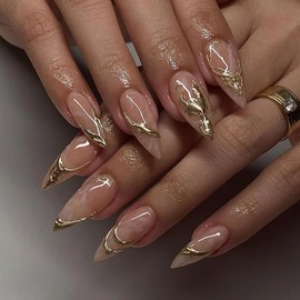 LPOODDNU 3D Press on Nails Almond Medium Fake Nails Bronzing Gold False Nails with Foil Designs Glue on Nails Cute Acrylic Nails Press on Glossy Full Cover Stick on Nails for Women Manicure 24Pcs