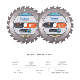 Luckyway 6-1/2 Inch Circular Saw Blade 18T&24T Framing with 5/8 Inch Arbor TCT (Tungsten Carbide Tipped) Saw Blade for Cutting Wood 2-Pack