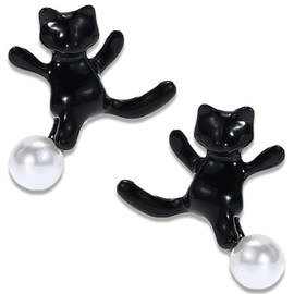 OQKAHIV Pearl Cat Earrings, Cat Earrings, 2 Pieces, Black Pearl Earrings with Cute Cat Motifs for Girls, Women and Ladies Birthday, Metal