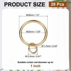 PATIKIL 28 Pcs Curtain Rings with Eyelets, 1.25"ID Glide Smoothly Metal Drapery Ring Fit Up to 1" Curtain Rod, Light Gold