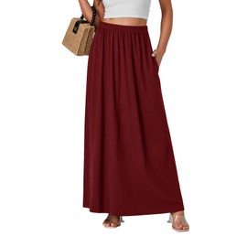 Vrtige Women's Casual Elastic High Waist Flowy Hem A Line Maxi Skirt with Pockets Burgundy Medium