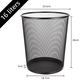 ASelected Metal Mesh Bedroom Trash Can, 16 Litre Mesh Wastepaper Basket, Trash Can, Bedroom Bathroom Office Home Kitchen Supplies, 35X29.5Cm Black Round Large