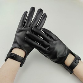Women PU Leather Gloves Driving Motorcycle Full Finger Gloves with Plush Thickening Driving Gloves (Black, One Size)
