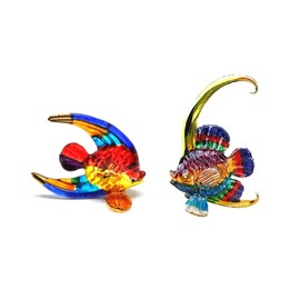(Bundle of 2) Multicolor 2" Glass Angelfish and 3" Bannerfish Figurines, Hand-Painted, Gold Accents