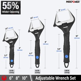 MAXPOWER 6 8 10 inch Adjustable Wrench Set, Wide Jaw Capacity 1.4" 1.6" 2" (35mm 40mm 50mm)
