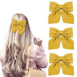 Silky Satin Hair Bows for Women 3Pcs Yellow Hair Ribbon Hair Bow Cute Medium Bow Hair Clips Hair Accessories for Girls