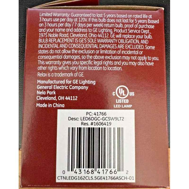 GE Relax LED 60W Soft White Dimmable 500 LUMENS G16.5