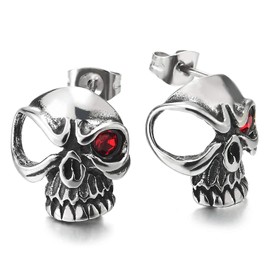 Pair Mens Women Stainless Steel Viking One-eye Skull Stud Earrings with Red CZ Eye Gothic Punk Biker, Metal, Cubic Zirconia