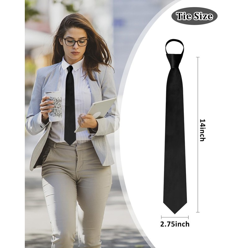 Luckyvestir Black Tie for Women, Pre-Tied Adjustable Zipper Ties, 2.75"