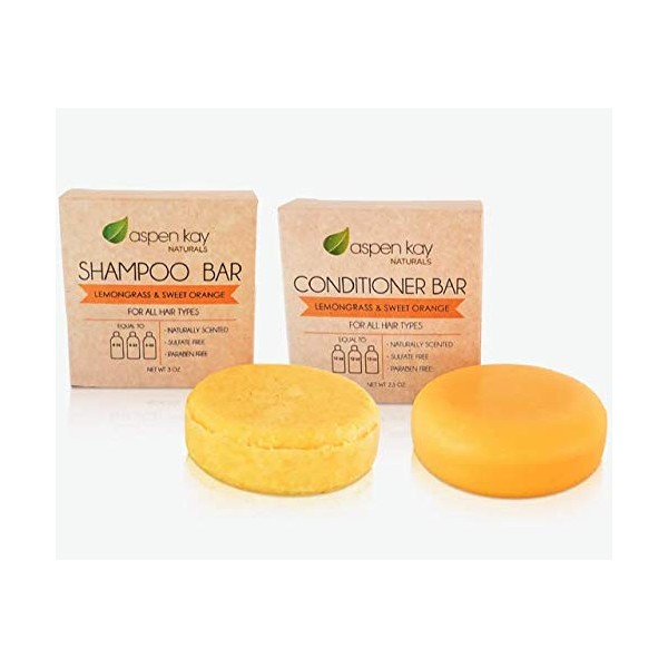 Shampoo and Conditioner set, Solid bars, Organic Ingredients, All Hair Types, Sulfate-Free, Cruelty-Free & Vegan. One 3 ounce and one 2.3 ounce bars (Lemongrass & Sweet Orange)