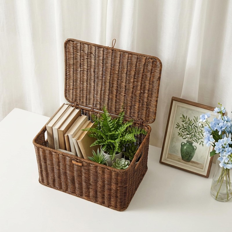 Nonam Wicker Storage Basket with Lid, Large Shelf Baskets for