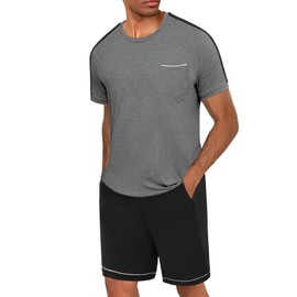 Crewhpo Men's Short Cotton Two-Piece Pyjamas Short Sleeve with Crew Neck Pyjamas Men in Contrast Colour Sleepwear Loungewear Summer, Dark grey + black, 3XL