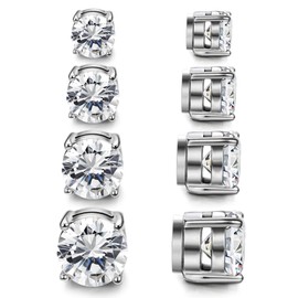 Adramata 4 Pairs Stainless Steel Magnetic Stud Earrings for Men Women Round/Square CZ Inlaid Magnetic Earrings Non-Piercing CZ Clip On Stud Earring 3 Colors 5-8mm