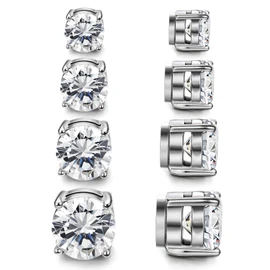 Adramata 4 Pairs Stainless Steel Magnetic Stud Earrings for Men Women Round/Square CZ Inlaid Magnetic Earrings Non-Piercing CZ Clip On Stud Earring 3 Colors 5-8mm