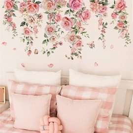 Rose Buds Wall Stickers, Roses, Butterflies, Pink, Vines, Green Leaves, Wallpaper, Living Room, Bedroom, Ceiling Sticker, DIY Sticker, Stylish, Removable Wall Sticker