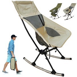 TeqHome Folding Rocking Chair, Outdoor Rocking Chair with Carry Bag, Foldable Padded Rocking Chair, for Camping, Patio, Angling, Supports 300lbs(Beige)