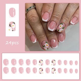 KTAABTR White French Tip Press on Nails Short Square Pink Glossy Fake Nails with Glue white Spring Flower French Nail Tip Acrylic Nails Stick on Nails for Woman DIY Reusable False Nails Decoration