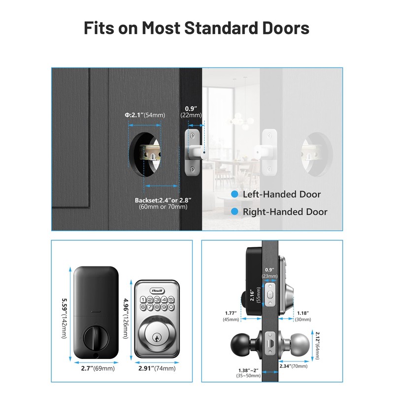Keyless Entry Door Lock with 2 Knobs, Zowill DK01K Keypad