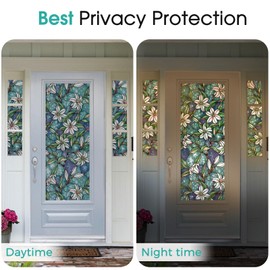 Coavas Window Privacy Film, Stained Glass Window Film Decorative Floral Bathroom Peel and Stick Films, Non Adhesive Frosted Window Tinted for Front Door (Vinyl, 23.6" X 157.4 ")