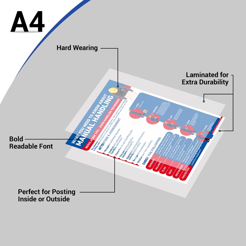 Manual Handling Safety Poster A4 LAMINATED Workplace Heath & Safety
