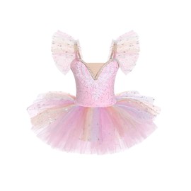 Swan Lake Dance Outfits - Little Ballerina Ruffle Sleeve Sparkly Stars Sequins Tutu Toddler Rainbow Ballet Dress Kids Gymnastics Leotards Tulle Skirt Pink Sequins 11-12 Years