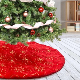 Amidaky Christmas Tree Skirt Red 30 inch Gold Christmas Tree Skirt Snowflakes Faux Fur for Xmas Holiday Home Party