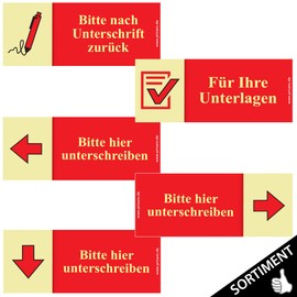PRICARO Sticky Notes "Bitte hier unterschreiben", Arrow Left, Red, 100 Sheets, Pack of 5