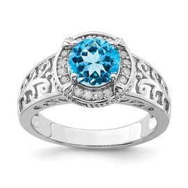 925 Sterling Silver Rhodium Blue Topaz and Diamond Ring Size 7