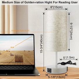 15.75''H 3-Way Dimmable Table Lamp Touch Control, Small Bedside Lamps with 2 USB Ports & AC Outlet, Nightstand Desk Light for Bedroom Living Room Office, E26 LED Bulb Included