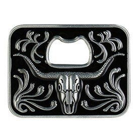 HUABOLA CALYN Beer Opener Belt Buckle -Long Horn Bull Black Vintage Pattern Western Cowboy Large buckles