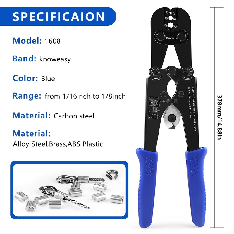 Knoweasy 2-in-1 Wire Rope Crimping and Cutting Tool, for 1/16-Inch