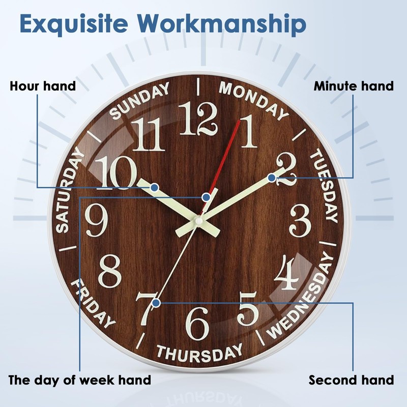 QINFIEY 12 Inch Day of Week Wall Clock, Non Ticking