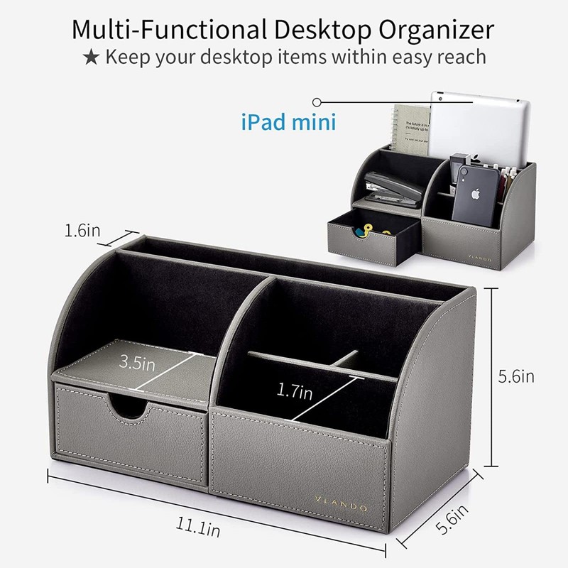 Vlando Desk Organiser with Drawer, Leather Office Stationery Desk Tidy