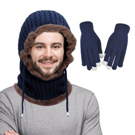 WUFGWBD 1 All-In-One Warm Hat And 1 Pair Of Knitted Gloves, Winter Cold Protection Supplies, Soft Fleece Hat, Neck Warmer