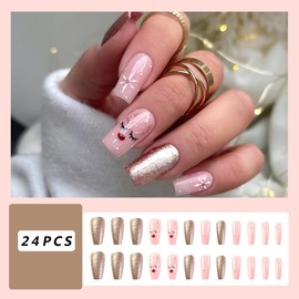 Christmas Cute Elk Press on Nails Long Square Fake Nails Pink Gold Glitter Xmas Press on Nails Glossy False Nails Full Cover Glue on Nails Cute Winter Xmas Stick on Nails for Women Nails Kit 24Pcs