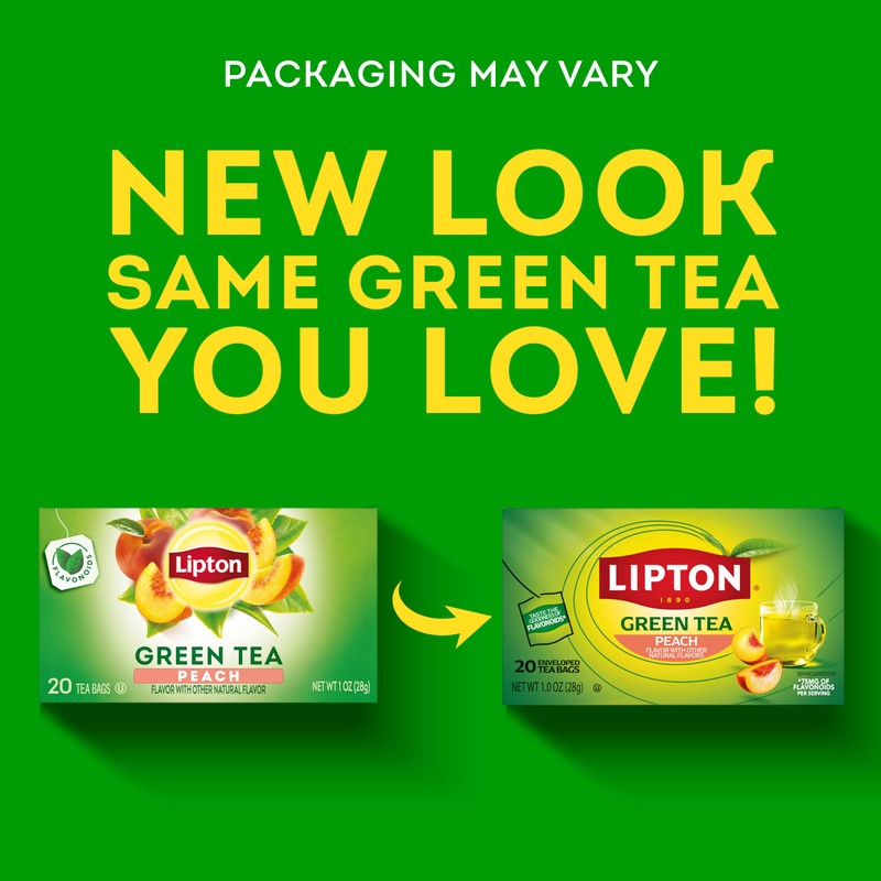 Lipton Peach Green Tea Bags, Flavored, Unsweetened Teabags for Hot