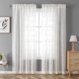 VISIONTEX 2 Pieces Moroccan Trellis Embroiderd White Sheer Curtains, Euro Style Faux Linen Rod Pocket, Voile Tulle Semi Window Treatment Drapes for Window Door and Bathroom, 54" x 72", Beige