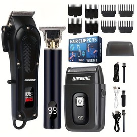 3-Piece Professional Blonde Hair Clipper & Trimmer Kit for Men - USB-Rechargeable Barber Set Featuring LCD Display, Adjustable Blade Hair Clippers, and Professional Men's Trimmer:_3Pac/Set Black