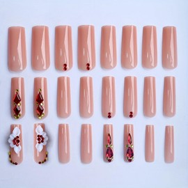 Red Rhinestone Press on Nails Full Cover False Nails with Designs Glossy Glue on Nails 3D Flower Press on Nails Long Square Shaped Artificial Acrylic Nails for Women Manicure Kit 24 Pcs