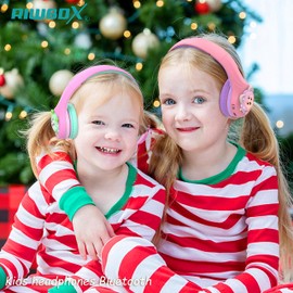 Riwbox Baosilon FB-7S Kids Headphones Bluetooth, LED Light Up Bluetooth Foldable Headphones Over Ear Volume Limited Safe 75/85/95dB with Mic and TF-card, Children Headphones for School (Pink&Green)