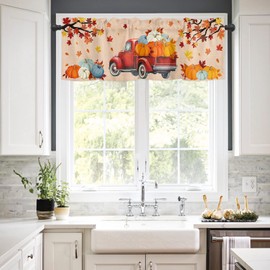 Fall Pumpkin Kitchen Valances Curtains for Windows Thanksgiving Harvest Truck Rod Pocket Valances for Living Room Bathroom ,Autumn Maple Leaf Short Treatments Curtains Fall Seasonal Decor, 54x18in