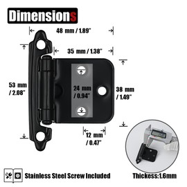 JQK 1/2 Inch Overlay Cabinet Door Hinges Black, 50 Pack 25 Pairs Flush Face Mount Cupboard Self-Closing Kitchen Cabinet Hinges, CH200-BK-P50