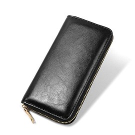 Airstellia Men's Long Wallet, Genuine Leather, Large Capacity, Cowhide Leather, Zip Around, Black