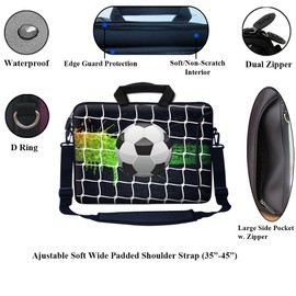 Meffort Inc 15 15.6 inch Neoprene Laptop Bag Sleeve with Extra Side Pocket, Soft Carrying Handle & Removable Shoulder Strap for 14" to 15.6" Size Notebook Computer - Soccer Design