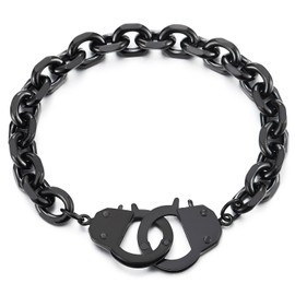 COOLSTEELANDBEYOND Stainless Steel Mens Womens Handcuff Bracelet, Link Chain Bangle, Black Color Polished