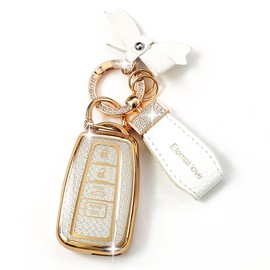 Simocky Key Fob Cover with Diamond Keychain for Toyota Car Key Shell Compatible with 2018-2024 Highlander RAV4 Camry Avalon C-HR Corolla GT86 Full Cover Protector for Women (4 Buttons-Silver Bowknot)