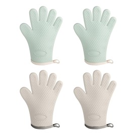 2 Pairs Silicone Oven Mitts & Pot Holders Set, Heat Resistant up to 500°F, Waterproof & Non-Slip Kitchen Gloves for Baking, Grilling, Cooking, 5-Finger Design with Soft Cotton Lining