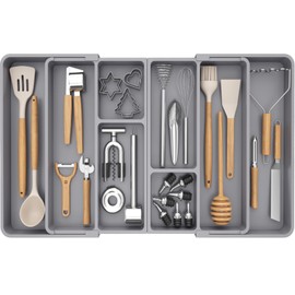 Lifewit Large Utensil Organizer for Kitchen Drawer, Expandable to 36 Inches Wide, Adjustable Cooking Silverware Tray, Plastic Cutlery Flatware Holder, Spatula Tools and Gadgets Storage Divider, Gray