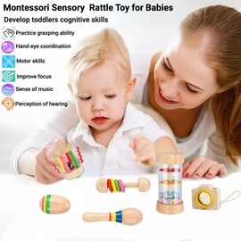 Wooden Sensory Toy for Toddlers, Montessori Baby Rattle with Rainstick, Maracas, Sand Ball, Hand Bell, Drum Rattle, Kaleidoscope, Natural Musical Instrument Infant Toy, Birthday Gift for Boys & Girls